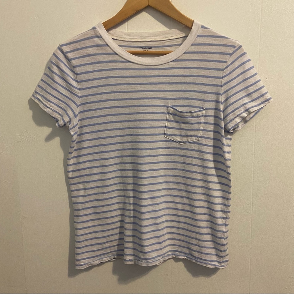 Madewell blue&white striped weomen pocket short sleeves T-shirt